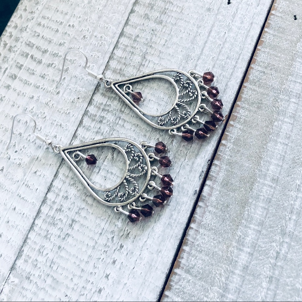 Bohemian Red Wine Teardrop Silver Earrings NWT